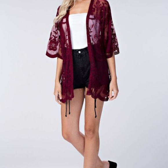 1 left- Red Lace Sheer Embroidered Kimono Cardigan - Picture 2 of 5